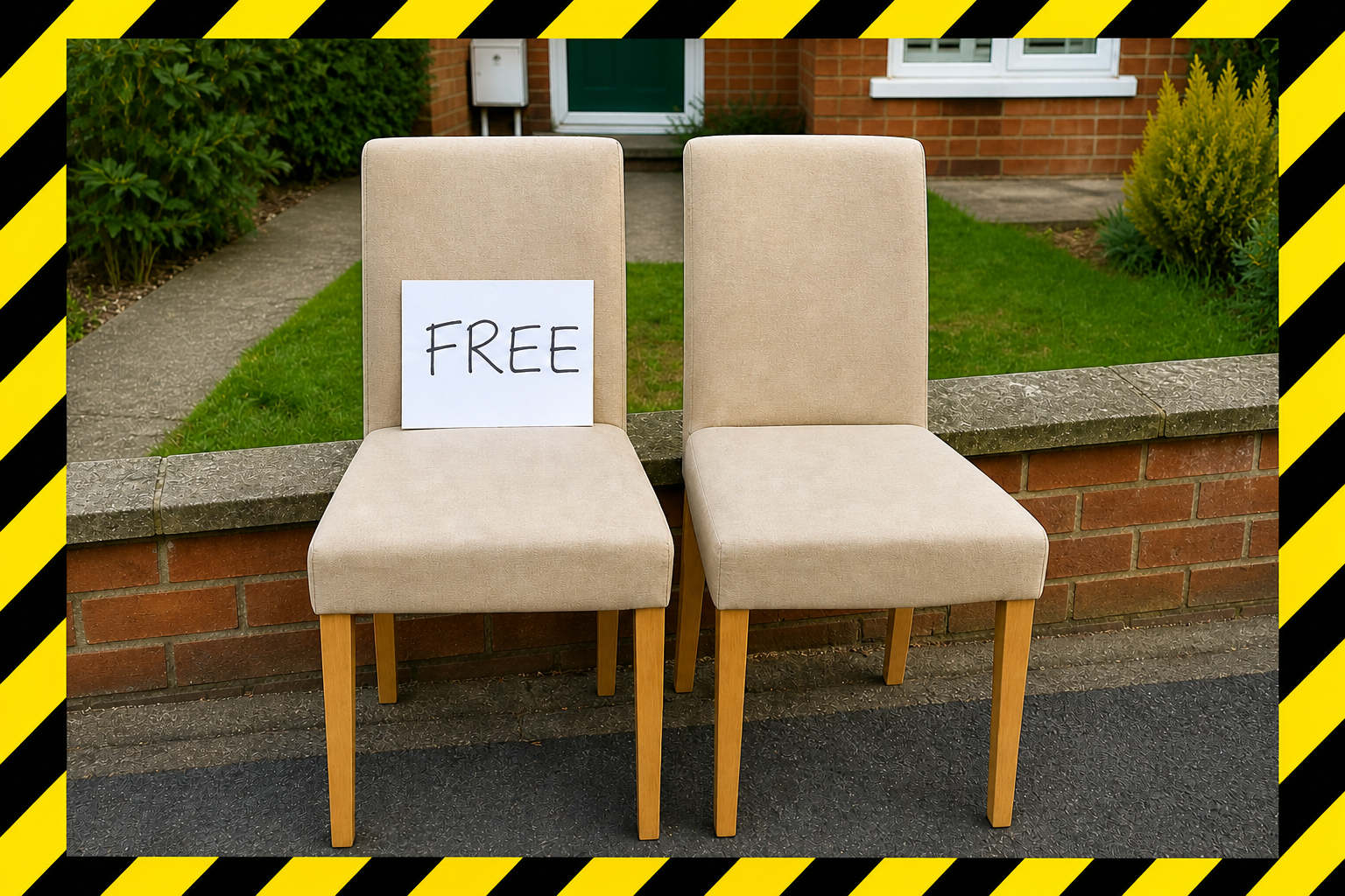 Two chairs left on a kerbside with a free sign on one of them.